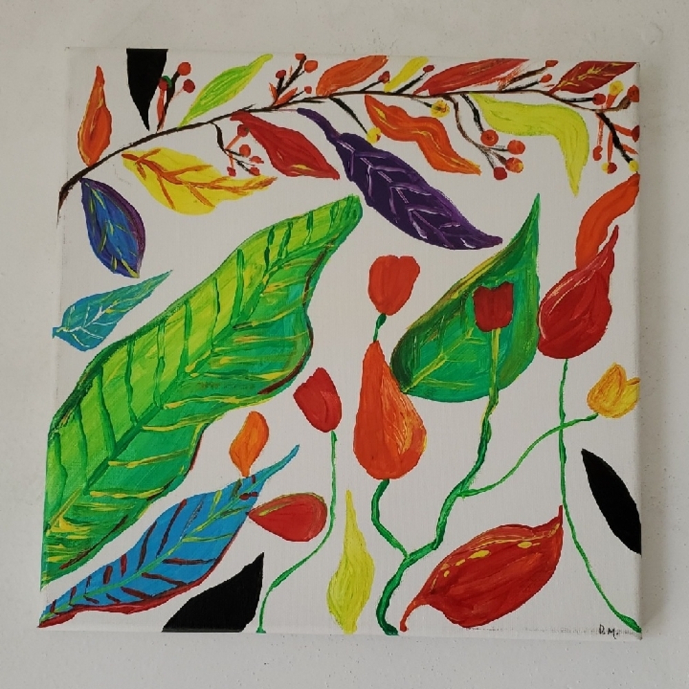 Original Unique Folk Art Floral Fauna Acrylic Painting Handmade‎ Art Home Decor